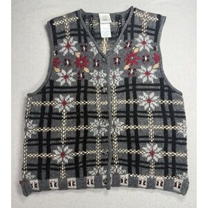 Laura Ashley 100% Wool Knit Vest Women's L Nordic Fair Isle Plaid Sweater Gray
